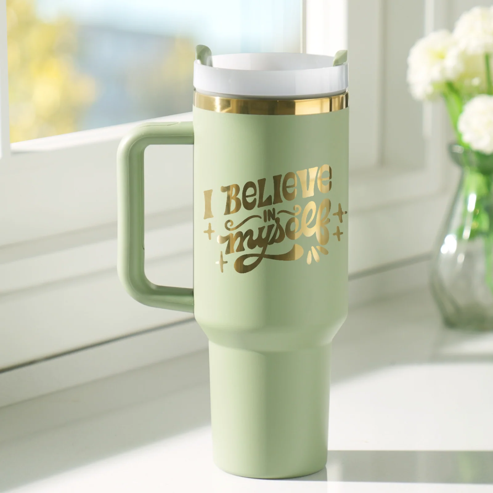 Armeegrün zu Gold Edelstahlbecher mit abnehmbarem Griff (40oz) - Image 2