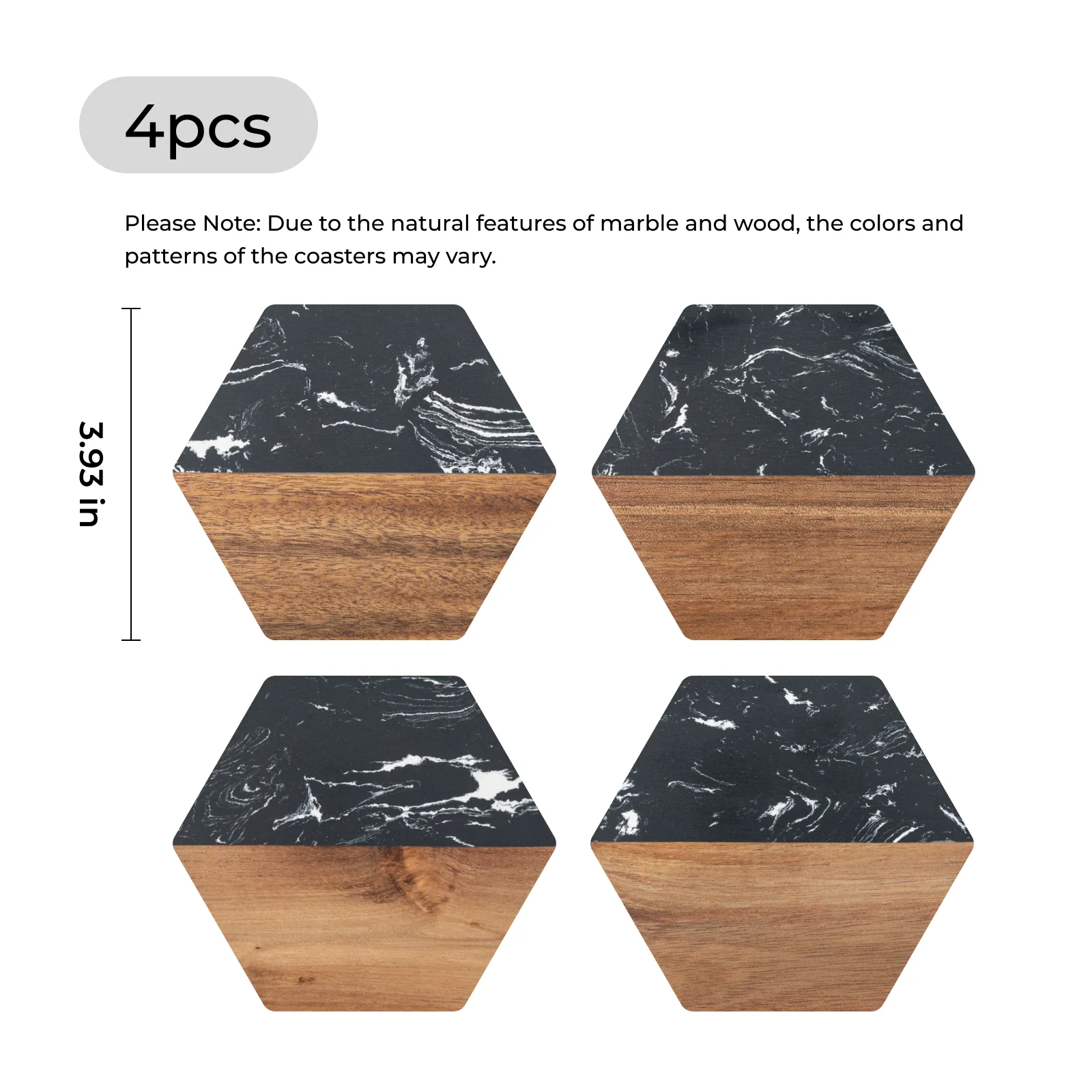 Hexagonale Untersetzer aus schwarzem Marmor und Holz (4 Stück) - Image 3